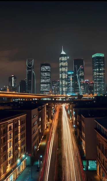 Un timelapse de una gran ciudad por la noche con luces parpadeantes y tráfico fluyendo