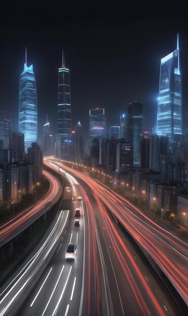 Un timelapse de una gran ciudad por la noche con luces parpadeantes y tráfico fluyendo