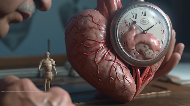 Timeless Anatomy Una composición hiperrealista de un reloj y un corazón humano sobre una mesa de madera