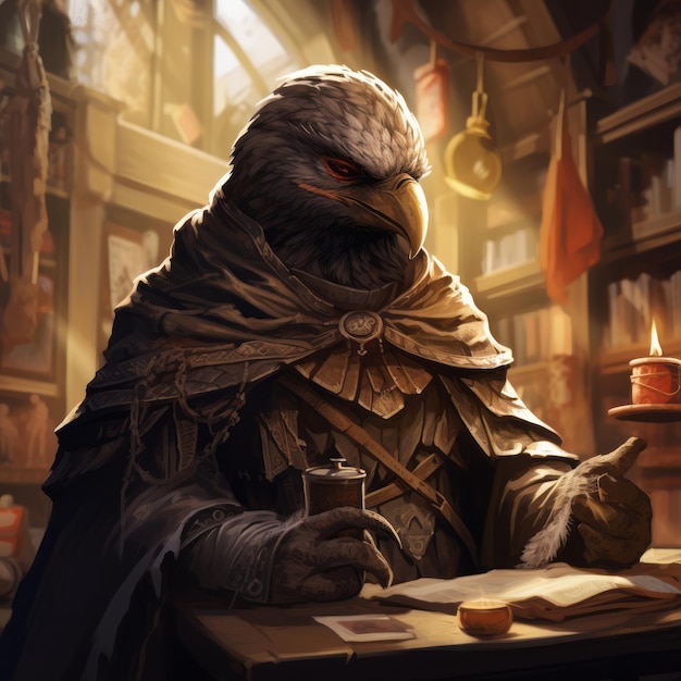 Foto timewielding kenku wizard arte de fantasía cautivador para la ilustración de personajes y arte de fichas establecido en