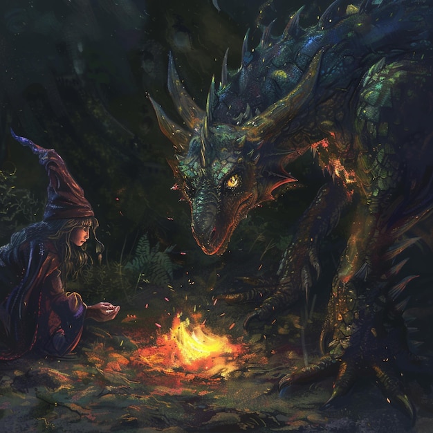 Un tímido dragón aprendiendo a respirar fuego con la ayuda de un amable mago.