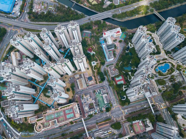 Tin Shui wai, Hong Kong 25 de mayo de 2018: - Vista aérea del distrito residencial de Hong Kong