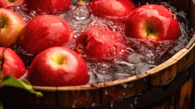 Tina o barril lleno de agua y manzanas para la costumbre de Halloween del banner Apple Bobbing AI