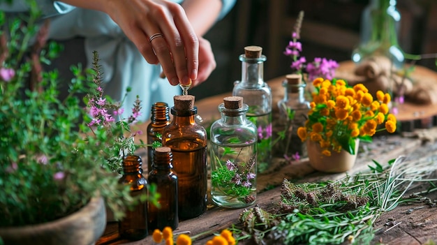 Foto tincturas de flores y hierbas medicina alternativa enfoque selectivo