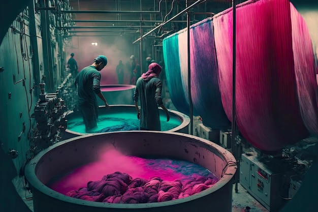 Foto tingimento de roupas em grandes cubas na fábrica de tingimento têxtil de linha de montagem