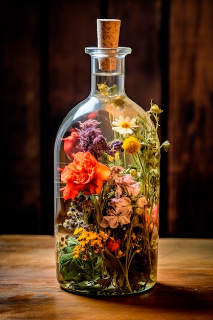 Tinktur aus Kräutern und Blumen in einer Flasche Generative KI Natur