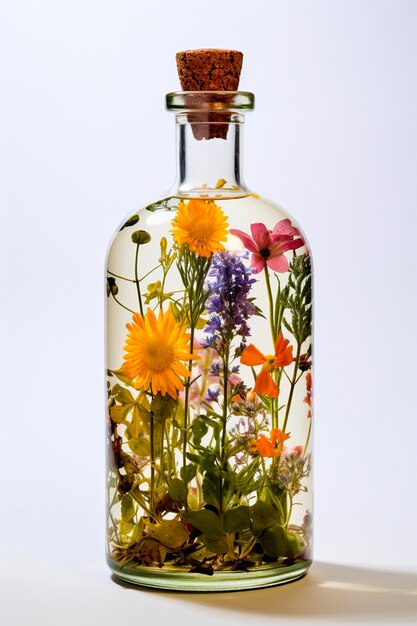 Tinktur aus Kräutern und Blumen in einer Flasche Generative KI Natur