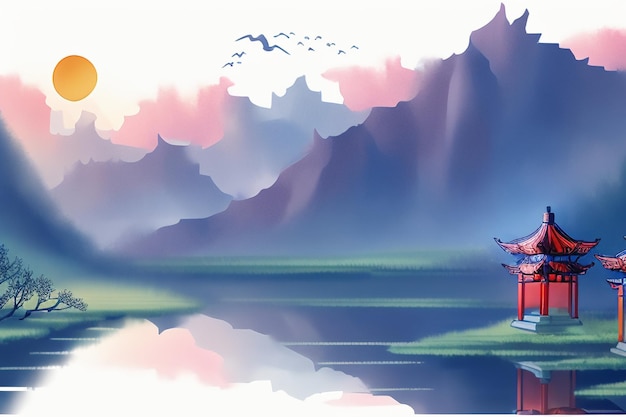 Foto tinta de acuarela china paisaje lago casa flor de ciruelo pájaro árbol pabellón sol hermoso paisaje