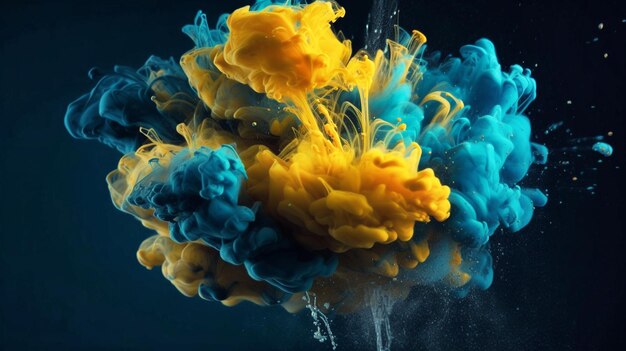 Tinta en el agua Un toque de pintura azul y amarilla Color de fondo abstracto IA generativa