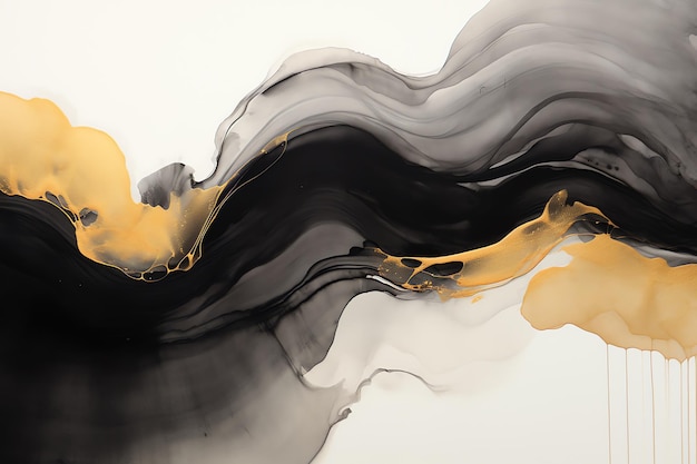 La tinta de alcohol fluida abstracta lava el fondo de textura negra y dorada para el diseño y la plantilla