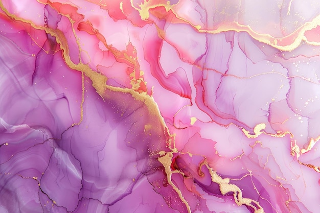Tinta de alcohol de mármol rosa violeta acuarela de fondo salpicaduras de oro textura de gradiente acuarela abstracta