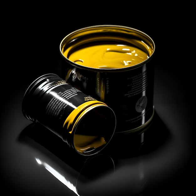 Tinta amarela pingando de uma lata de metal em um estúdio de fundo preto
