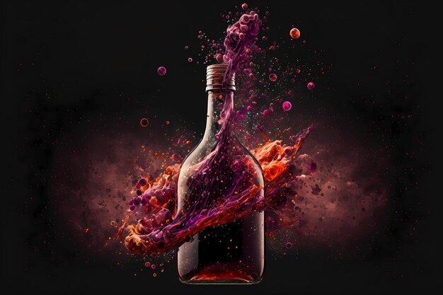 La tinta de la botella de vino explota como concepto de bodega de celebración de emoción de apertura como bebida líquida salpicada