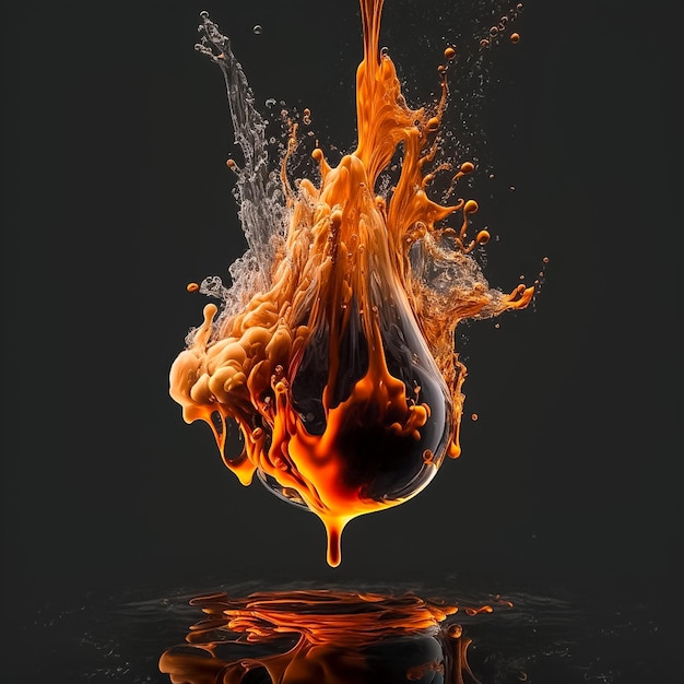 Foto tinta caída en agua translúcida colorida explosión de bola de fuego sobre fondo negro generado por ia