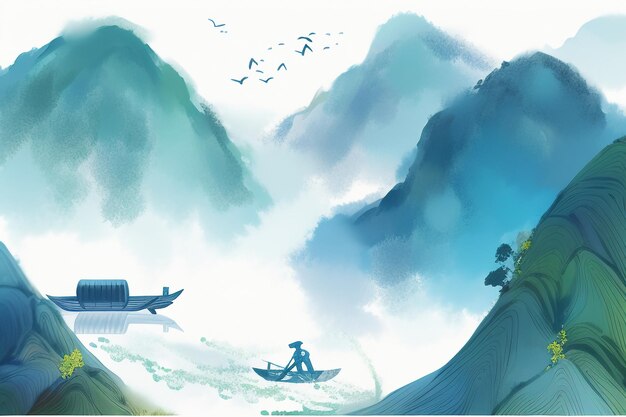 Tinta de aquarela chinesa estilo sol pássaro de montanha barco árvore paisagem pintura arte abstrata papel de parede