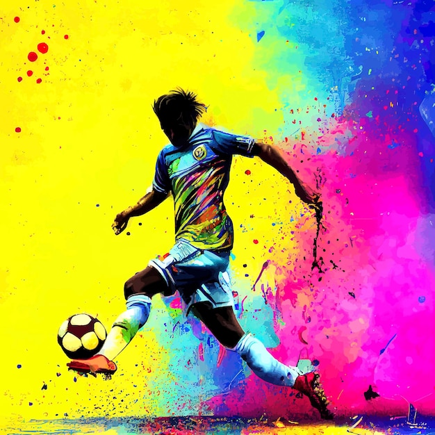 Foto tinta de graffiti salpicada abstrata da sombra do homem jogando futebol com uma energia colorida