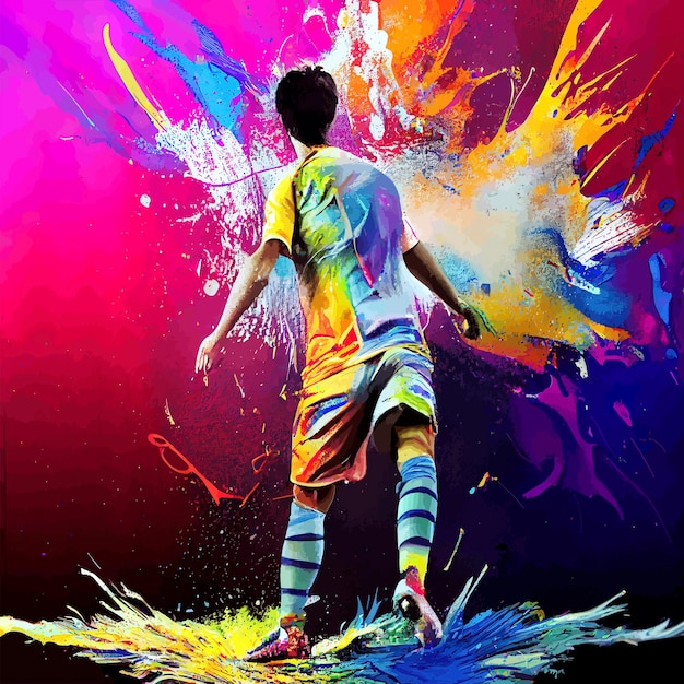 Tinta de graffiti salpicada abstrata da sombra do homem jogando futebol com uma energia colorida