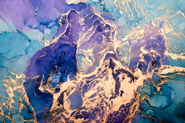 Tinta dourada azul fundo abstrato de luxo textura de mármore colorida arte fluida mistura de tinta