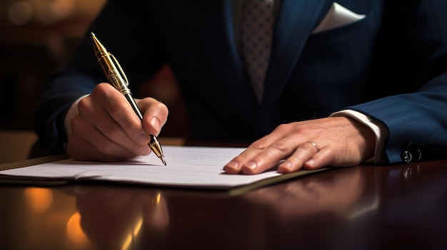 Foto la tinta se encuentra con el papel el arte de firmar documentos legales con una pluma pluma un símbolo de profesionalismo