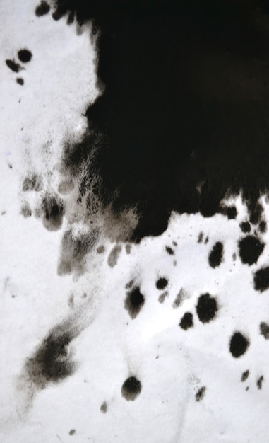 Tinta preta transportada sobre papel branco de close-up. Fundo abstrato isolado no fundo branco. Manchas de tinta se espalham e são absorvidas pela macro do papel.
