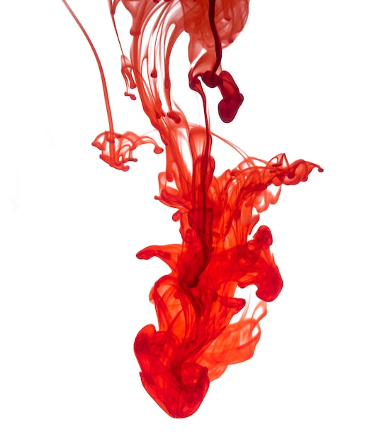 tinta vermelha caiu na água isolada no fundo branco.