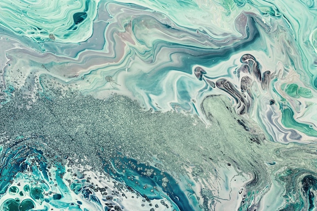 Tintas acrílicas de arte fluida Abstrato misturando ondas verdes azuis Fluxos líquidos salpicos de fundo ou textura de efeito de mármore