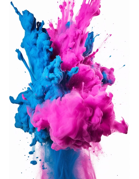 Tintas aquarela brilhantes com explosão de cor azul e rosa e mistura em fundo branco Tinta colorida na água fotografada em movimento Pintura giratória