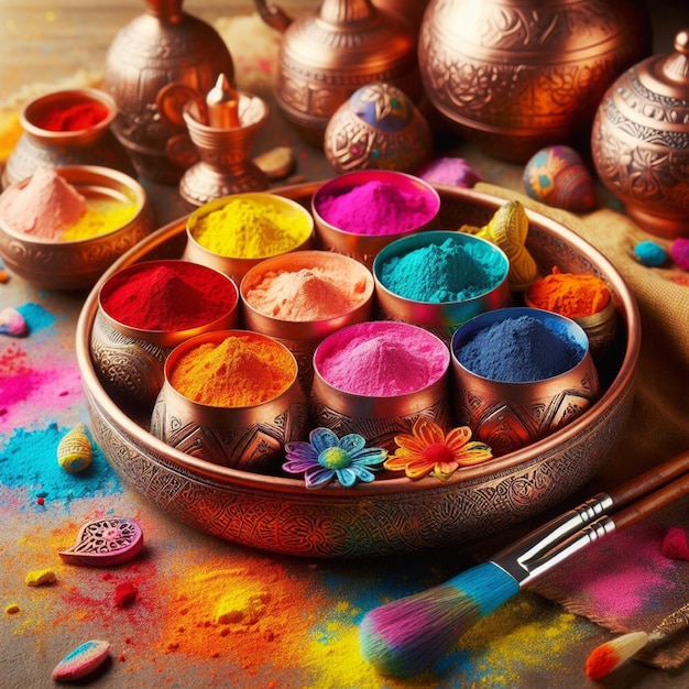 Foto tintas em pratos tradicionais de cobre para o feriado de holi pó multicolor simbolizando