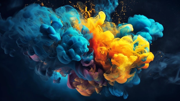 Tinte im Wasser Ein Spritzer blaue und gelbe Farbe Abstrakte Hintergrundfarbe Generative AI