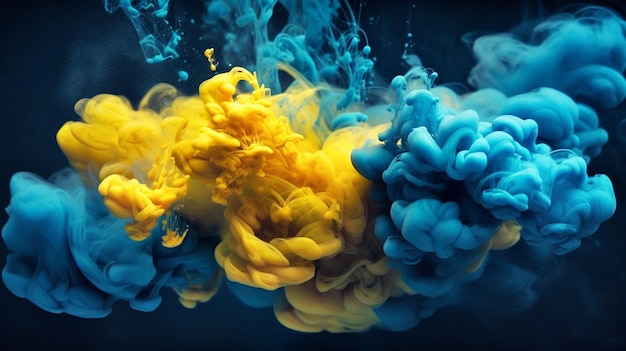 Tinte im Wasser Ein Spritzer blaue und gelbe Farbe Abstrakte Hintergrundfarbe Generative AI