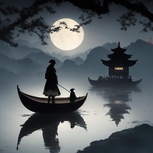 Tintenmalerei einer nebligen Landschaft mit einem Fischer in einem Boot im traditionellen orientalischen minimalistischen Japan