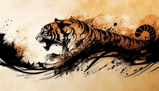 Tintentextur wellenartig Tigersymbol künstlerischer IllustrationshintergrundGenerative KI