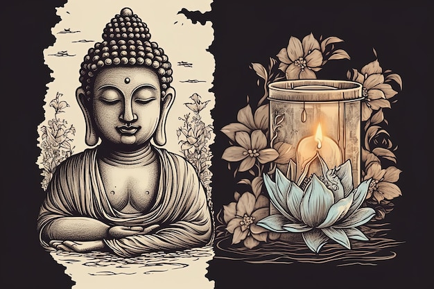 Tintenzeichnung von Buddha und einer Lotusblume mit einer Kerze