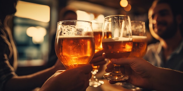 El tintineo de los vasos de cerveza artesanal en el pub llena el aire de un sonido festivo y una atmósfera de alegría.