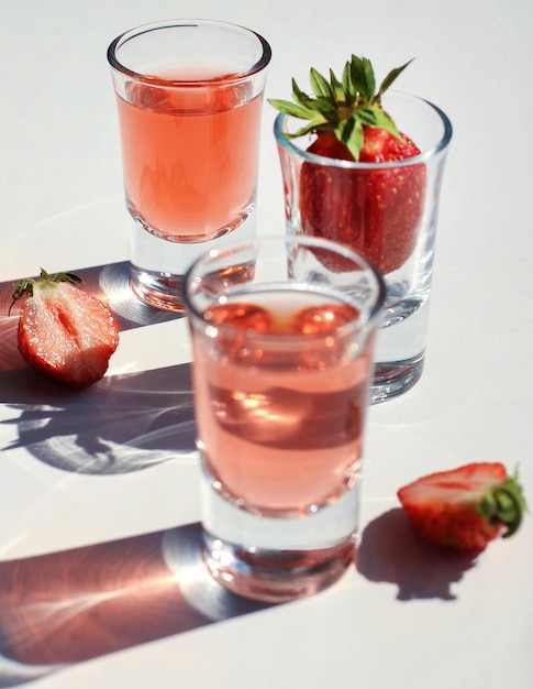 Tintura de compota de fresa con hielo en vasos de vidrio con fresas y cubitos de hielo