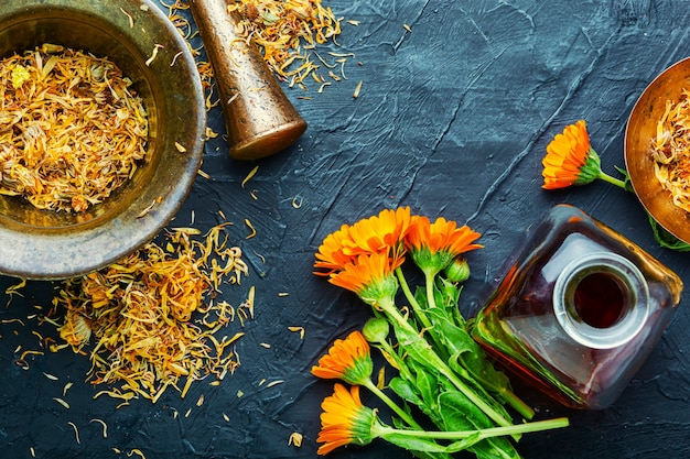 Tintura medicinal de flores de calêndula, ervas medicinais selvagens.