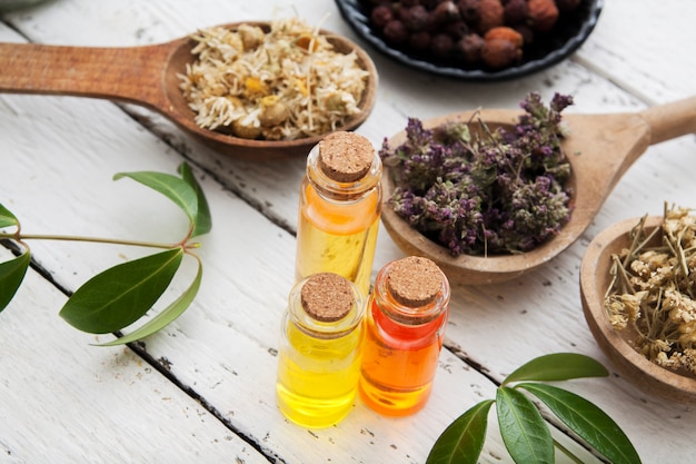 Foto tinturas de hierbas en botellas de vidrio y hierbas secas en una mesa de madera. la medicina tradicional y el concepto de tratamiento a base de hierbas.