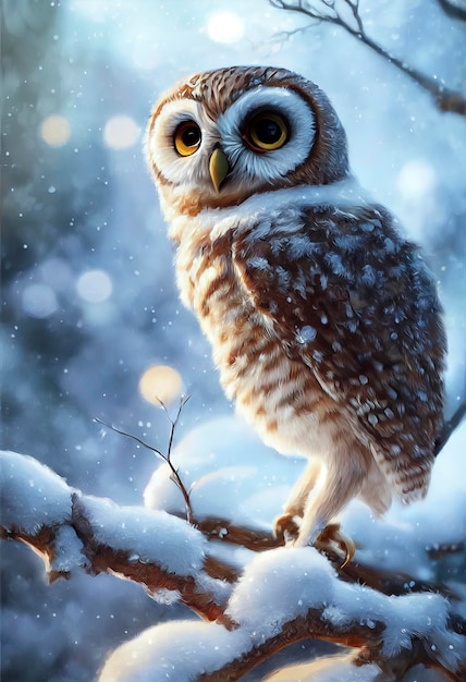 Tiny Cute Owl na ilustração de neve de coruja fofa na paisagem de natal