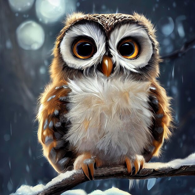 Tiny Cute Owl en la nieve ilustración de lindo búho en paisaje navideño