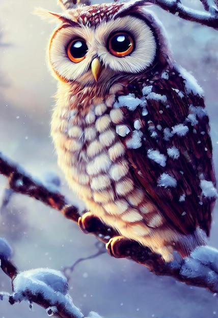 Tiny Cute Owl en la nieve ilustración de lindo búho en paisaje navideño