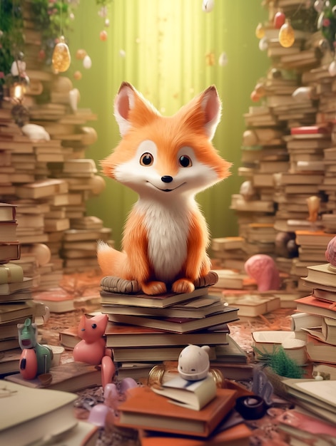 Tiny Fox rodeado de libros en un país de las maravillas y el fondo del castillo estilo de dibujos animados generado por Ai
