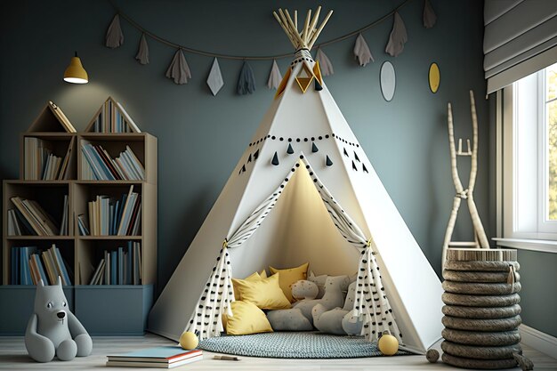 Tipi mit Leselampe und Bücherstapel im Kinderzimmer