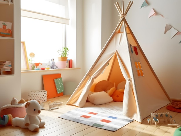 Un tipi para niños en la habitación de un niño.