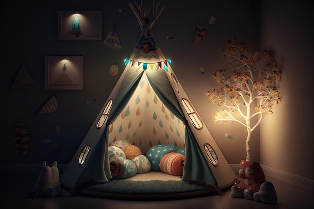 Tipi para niños rodeado de almohadas suaves y acogedoras con farolillos de colores para la luz nocturna