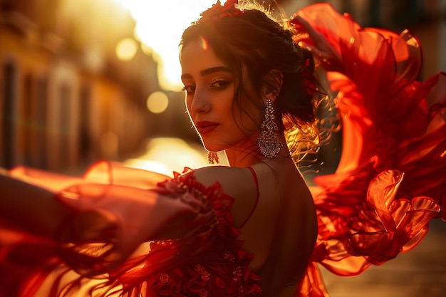 Foto típico bailarín español bailando flamenco con una sensación de movimiento