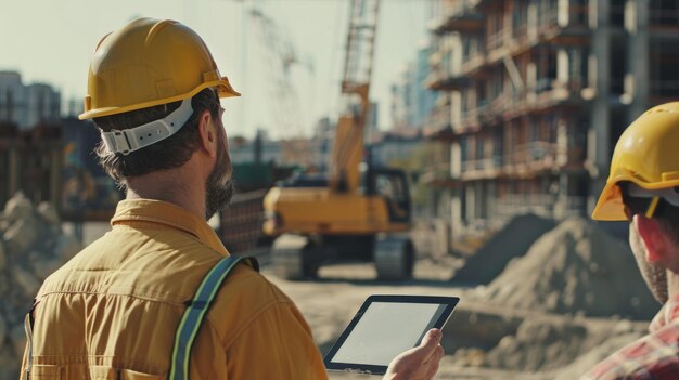 Foto típico inversor caucásico con tableta y un gerente de proyecto en un sitio de construcción industrial cascos usados por colegas viendo maquinaria pesada día soleado