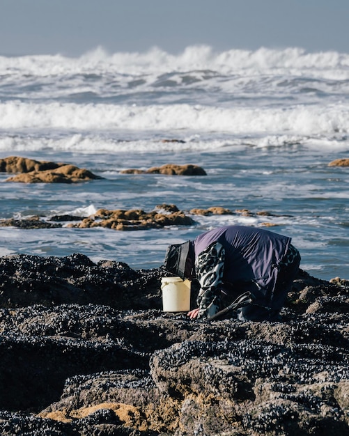 Típico marinero portugués busca y recoge mariscos en las rocas de la costa