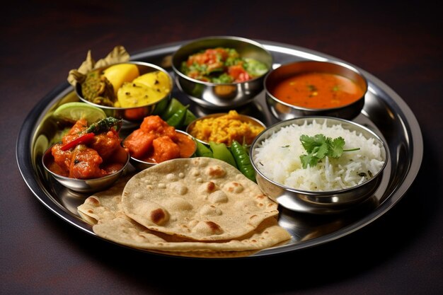 Foto típico plato de comida saludable de maharashtra o thali lleno de nutrientes con enfoque selectivo