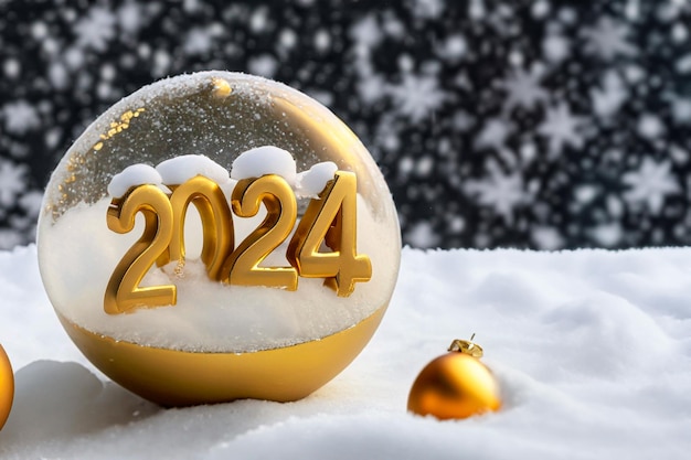 Tipo 3D dorado 2024 dentro de una esfera de vidrio con decoraciones en nieve en una atmósfera navideña