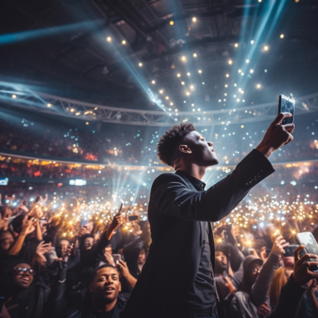 un tipo afroamericano negro dando un concierto de música en un enorme estadio abarrotado sala de la arena en un